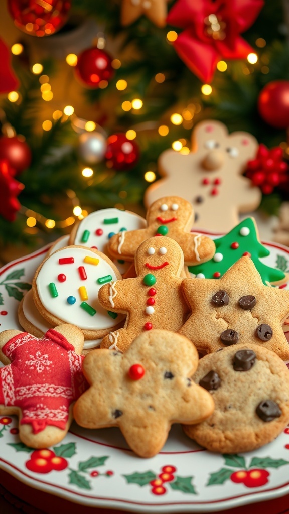 An assortment of Christmas cookies including decorated sugar cookies, gingerbread men, and chocolate chip cookies on a festive plate.